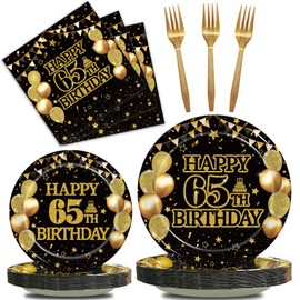 Kepeel 96Pcs 65th Birthday Party Tableware Set, Back in 1960 Birthday Party Decorations Supplies for Men Women Cheers to 65 Years Disposable Paper Plates Napkins Forks Favors, Serve 24