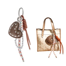 XIXIAOYAN Brown Heart Leather Bag Charm - 4-Piece Keychain Set with Red Rope & Silver Beads | Stylish Purse Charms for Women's Handbags, Backpacks & Totes | cute keychain Beaded Accessories