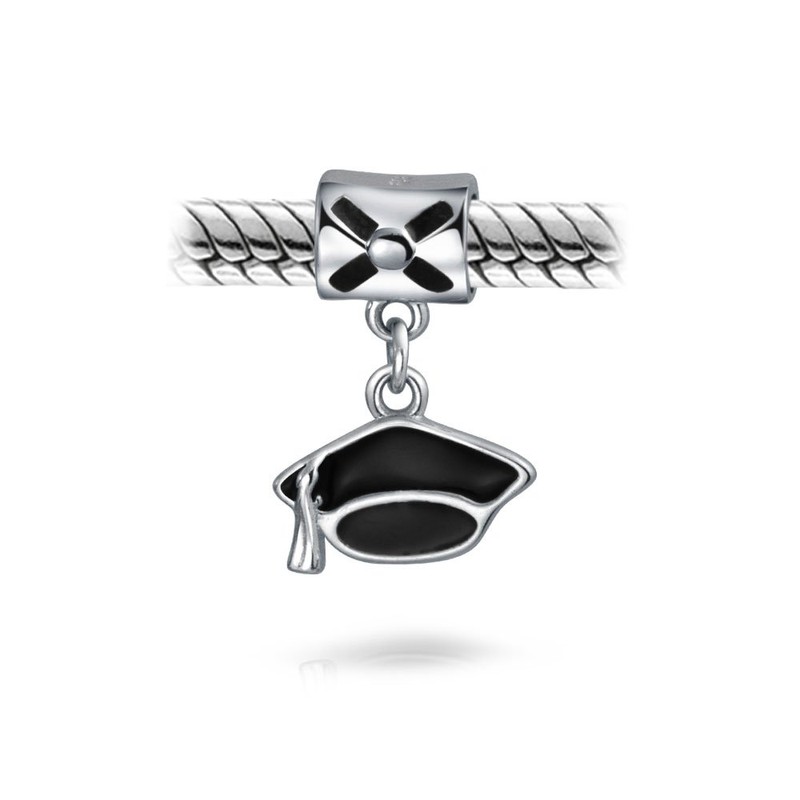 Black Enamel Graduation Cap Dangle Charm Bead .925 Sterling Silver