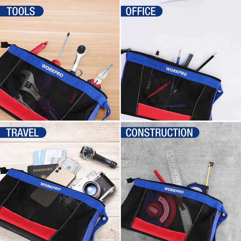 WORKPRO 12" Tool Pouches with Zipper, Heavy-Duty Small Tool Bag,