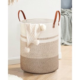 MOXTOYU Laundry Basket, Jute Dirty Laundry Hamper with Leather Handles, Woven Laundry Basket for Pillows, Blankets, Toys, Decorative Basket for Living Room, Bathroom, Bedroom - 72L Brown & White