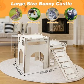 Rypet Large Wooden Rabbit Castle Bunny House, Sturdy Wood Bunny Castle with Stair, Detachable Rabbit Hideaway Breathable Small Animal Indoor Playhouse for Rabbits Hamster Guinea Pig Chinchilla Ferret