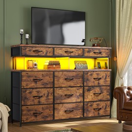 Romorgniz Dresser for Bedroom with Charging Station and LED Lights, Fabric Dressers & Chest of Drawers, Dresser TV Stands for Living Room, Open Shelves, 10MM Thick Acrylic Sheet, Brown