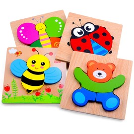 Magifire Wooden Puzzles, Set of 4 Montessori Toys for 1 Year Old, Toy for Toddlers 1-3, Baby Wood Toys with Chunky Pieces with Bag - Butterfly, Bee, Ladybug, Bear