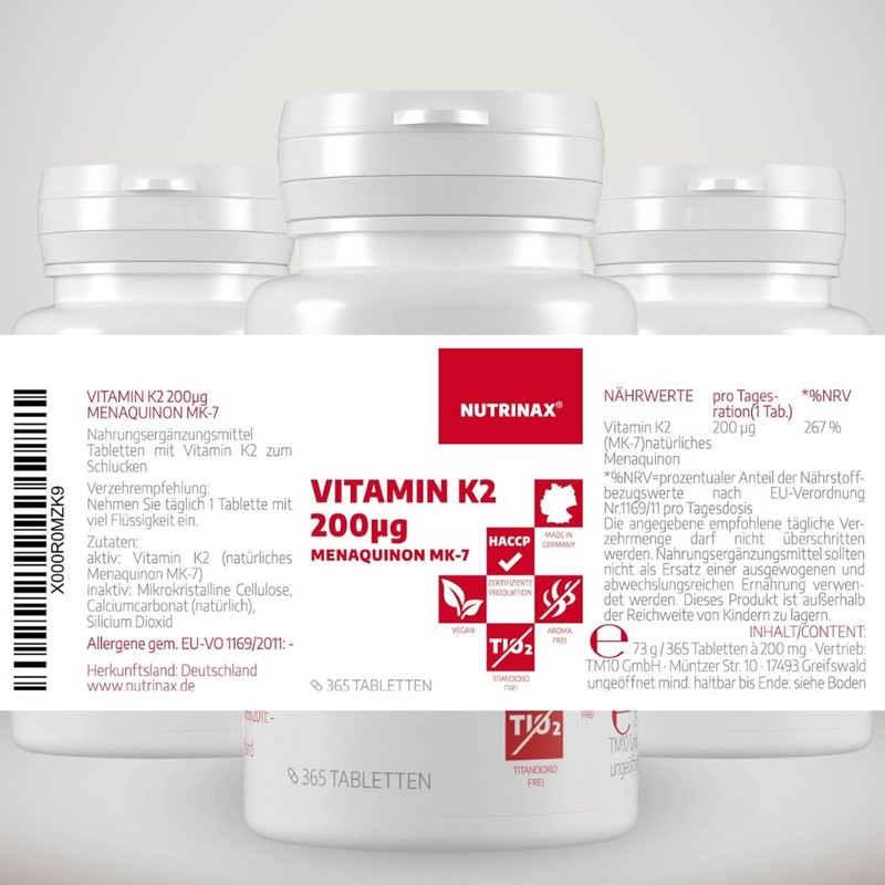 Vitamin K2 200 mcg – 365 Vegan Tablets – Menaq Uinon Mk7 Natural Month Pack – Magnesium Stearate Free – Made in