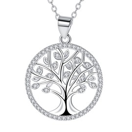 J.MUEN Tree of Life Necklace Women's 925 Sterling Silver Pendant with Necklace 45 + 5 cm, Jewellery Gifts for Women, Sterling Silver, Cubic Zirconia