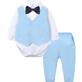 mintgreen Baby Boy Suit, Wedding Bodysuit Waitcoat Gentleman Long Sleeve Clothes Set, Light Blue, 12-18 Months, 90