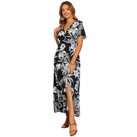 Allegra K Short Sleeve Tropical Dress for Women's Slit Wrap V Neck Maxi Floral Dresses Large Black