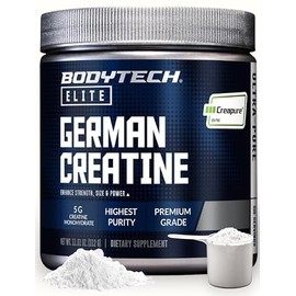 BodyTech Elite Creatina alemana con Creapure®, monohidrato de creatina en polvo para fuerza, tamaño y potencia, 0.18 oz por porción, sin sabor, sin gl