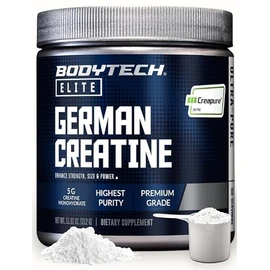 BodyTech Elite Creatina alemana con Creapure®, monohidrato de creatina en polvo para fuerza, tamaño y potencia, 0.18 oz por porción, sin sabor, sin gl