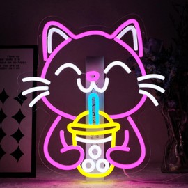 Virlusy Cat Boba Tea Neon Sign for Wall Decor Dimmable Cute Cat Led Light Signs Bubble Tea Neon Light for Cafe Bar Kitchen Restaurant Coffee Dessert Shop Kids Room Decoration Gift for Girls Kids