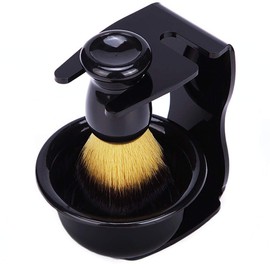 POFET 3 in 1 Beard Shaving Set with Brush Stand and Shaving Bowl for Men, Beard Shaving and Care (Black)