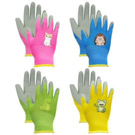BORISCA 4 Pairs of Children's Gardening Gloves, 4 Colours and Patterns, Work Gloves, Children's Cartoon, Cute Children's Gloves, Garden Wear-Resistant, Non-Slip Protective Gloves for 7-10 Years