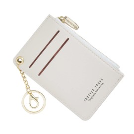 Small Wallets for Women Slim Leather Card Case Holder Wallet Coin Change Purse with Keychain, Beige, Small