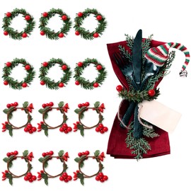 ACTOYS Napkin Rings Christmas Pack of 12 Napkin Rings Wreath, Christmas Napkin Rings, Red Berries Napkin Holder Ring, Napkin Holder Christmas for Christmas Party Table Decoration