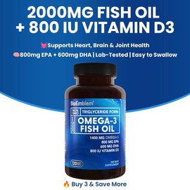 BioEmblem Omega-3 Fish Oil 2000mg - High Absorption, 1400mg EPA & DHA with Vitamin D3 for Heart, Brain & Joint Health - Non-GMO Healthcare Dietary Fitness Acid - Specification: Best Value – 180-Day Supply