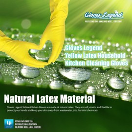Size Large - 3 Pairs (6 Gloves) - Gloves Legend - Yellow Latex Household Kitchen Cleaning Dishwashing Reuseable Gloves