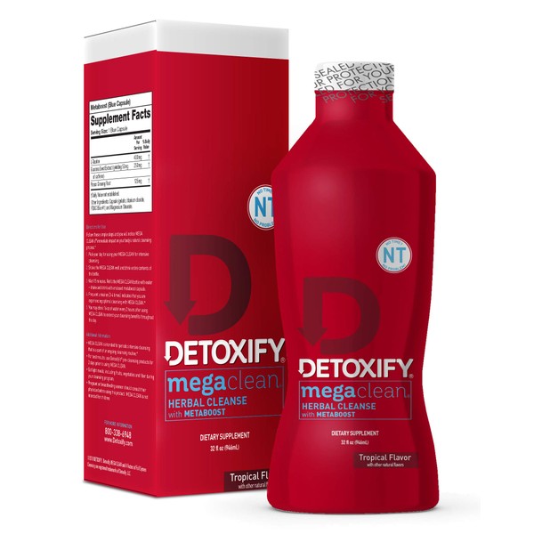 Detoxify – Mega Clean NT Herbal Cleanse – Tropical – 32 oz – Professionally Formulated Herbal Detox Drink – Enhanced with MetaBoost Eliminating Need for PreCleanse – Plus Sticker
