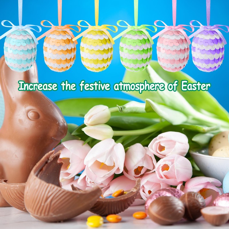 30 Pcs Easter Hanging Sequin Eggs- 1.6" Stripes Easter Eggs