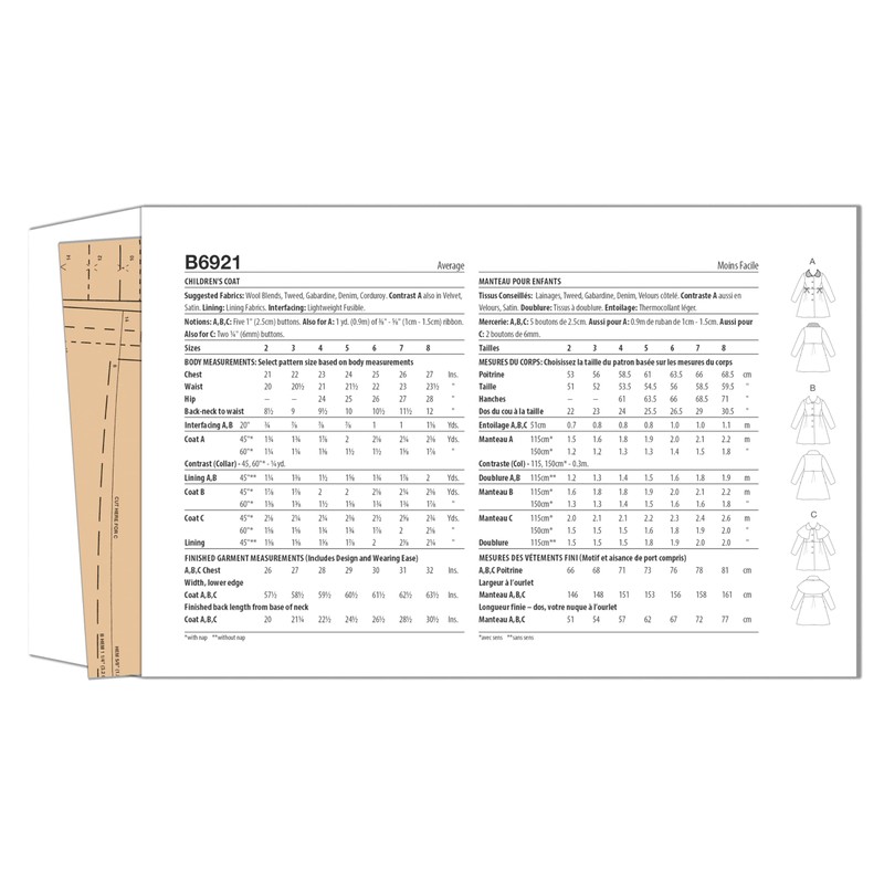 Butterick Children's Coat Sewing Pattern Kit, Design Code B6921, Sizes