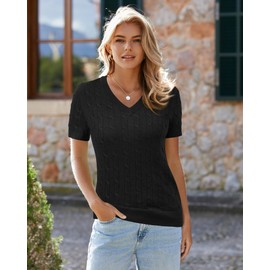 Arach&Cloz Sweater for Women 2025 Spring Fashion Clothes V Neck Short Sleeve Summer Cute Tops Dressy Business Casual Trendy Teacher Travel Outfits Cashmere Blouse Shirts Lightweight Black M