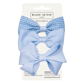 Basic Sense School Bow Hair Clips and Elastic Plain & Gingham Set - Accessories for Girls, Mid Blue