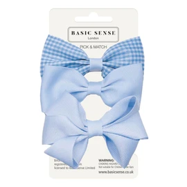 Basic Sense School Bow Hair Clips and Elastic Plain & Gingham Set - Accessories for Girls, Mid Blue