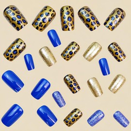 Medium Press on Nails Dark Blue Square Fake Nails Glossy Gold Blue Glitter False Nails Gold Leopard Print Acrylic Nails Press on Cute Full Cover Reusable Glue on Nail for Women Girls 24Pcs