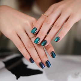 evpct Green Cat Eye Short Press on Nails Square, Short Square Glue on Nails for Women Gift, Emerald Green Metallic Glitter Glossy Reusable Spring Summer Gel Press on Acrylic Fake Nail with Designs