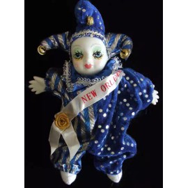 Mardi Gras World Porcelain Baby Clown Doll Gift New Orleans Blue Stripes