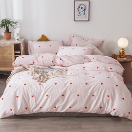 Lanqinglv Single Duvet Cover Set Pink for Kids Girls,Heart Striped Pattern Bedding Cute Comforter Cover 135x200 cm with Zipper Closure and 1 Pillowcase 50x75 cm