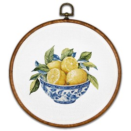 BCUANGD Chinoiserie Round Wall Art Decor - Blue and White Wall Art Canvas Frame Artwork Prints, Porcelain Vase Lemon Fruit Round Wall Hanging Decorations for Grandmillennial Home Kitchen, 10"x10"