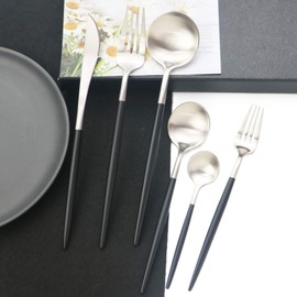 JASHII 18/10 Black Handle Flatware Silver Silverware Set 304 Stainless Steel Flatware Cutlery Set| 24-Piece Adaline Royal Modern Satin Finish| BEST Birthday Wedding Gift (Black Handle Silver 4 Sets)