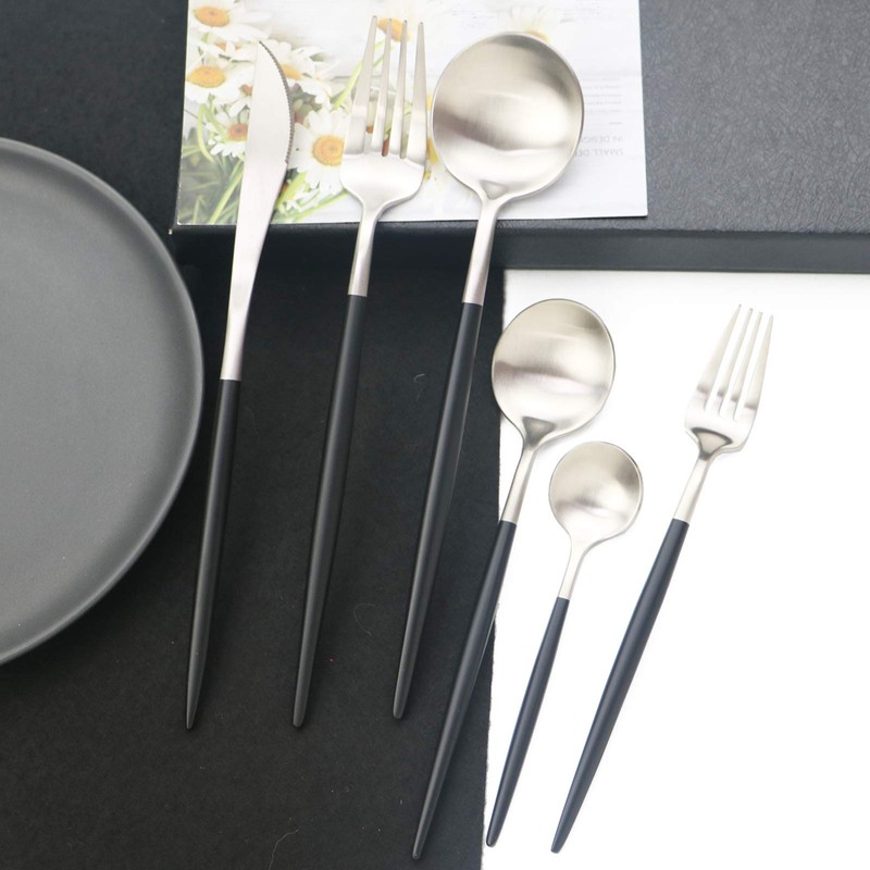 JASHII 18/10 Black Handle Flatware Silver Silverware Set 304 Stainless