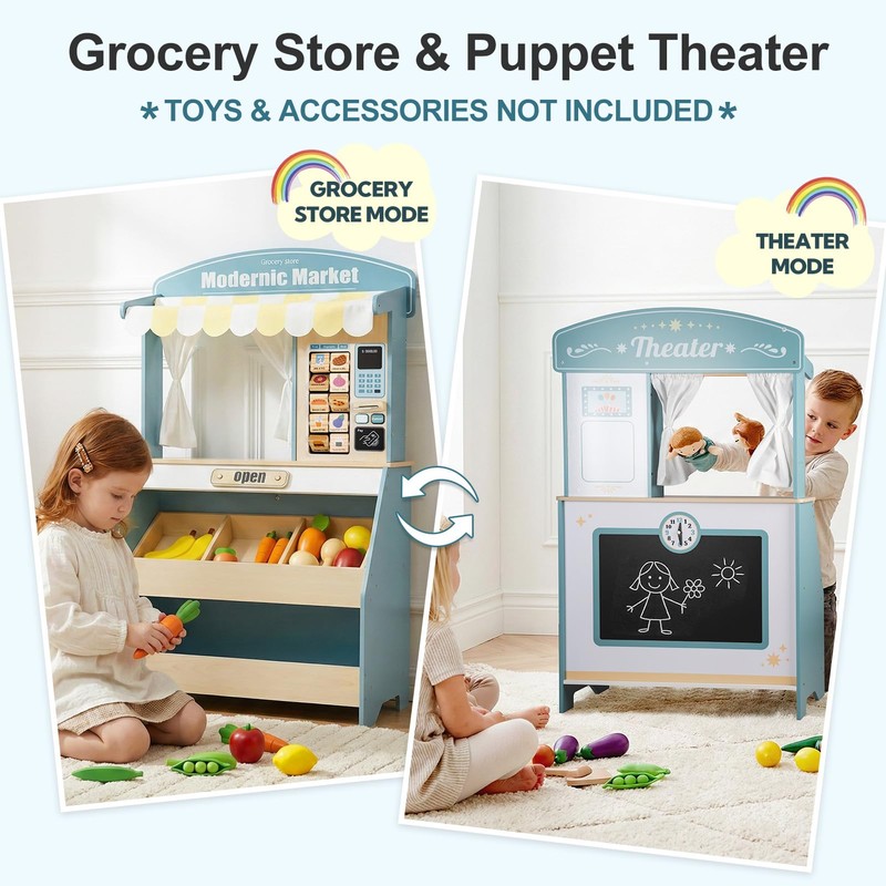 Kids Grocery Store Pretend Play, Puppet Theater&Grocery Store Playset Toy