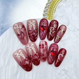 24Pcs Red Press on Nails French Medium Long Almond Fake Nails Gold Bow Pattern Embossed Love Heart Full Cover Design Pearl Stick on Nail Acrylic Nails Summer Press ons Nail Womens DIY Manicure