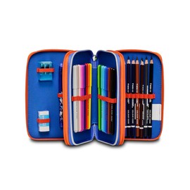 Sonic Primary School Pencil Case with 3 Compartments, Like and Get Me, Blue Red, 43 Pieces, Complete with Pencils, Pens, Felt-tip Pens, Pencil Case for School for Kids, Multicoloured,, multicoloured,