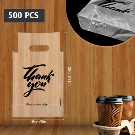 PerKoop 500 Pcs Drink Carrier for Delivery Clear Cup Carrier with Handle Thank You Drink Bags Single Take out Cup Carriers for Beverage Coffee Shop, Restaurant, Bakery, Bar(Classic)