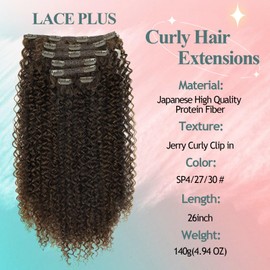LACE PLUS Clip In Curly Hair Extensions - 140G 7Pcs Synthetic SP4/27/30# hair Clip in Human Hair Feelings Extension Jerry Curly Hair Extensions for Black Women clip in extensions Hairpiece (Pack of 7)