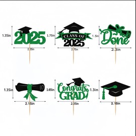 2025 Graduation Cupcake Toppers, 36 pack Glitter Class of 2025 Congrats Grad Diploma Cap Cupcake Picks for Graduation Party Decoration (Green)