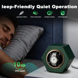 EREBUSE Single Watch Winder for Automatic Watches Ultra-Quiet Japanese Motor, 2 Rotation Modes, with Soft Adjustable Pillow, Rotation Watch Case in Green Leather