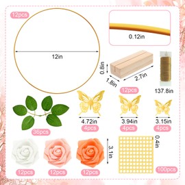 HSDSH 12 Set 12 Inch Metal Floral Hoop Centerpiece with Stand,3D Spring Butterfly Centerpieces for Tables Gold Hoop Rings with Base Foam Fake Rose for DIY Baptism Wedding Decor Dream Catcher Crafts