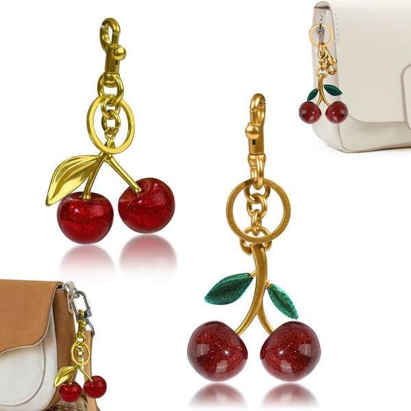 2 Pieces Styles Cherry Bag Charms, Red Glitter Cherry Keychain
