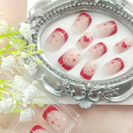 Valentine's Day Press on Nails Short Square Fake Nails with Heart Glitter Designs Red French Tip Nails Press ons Glossy Glue on Nails Nude False Nails Valentines Stick on Nails for Women 24Pcs