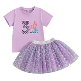 MAHUAOYIXI Baby Girl 2Pcs Birthday Outfits Letter Print Short Sleeve Tops Tshirts + Fish Scale Tulle Tutu Skirt Set Toddler Girls Clothes Girls Birthday Clothing Set (Purple THREE, 3-4 Years)