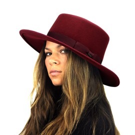 NYFASHION101 Wool Wide Brim Porkpie Fedora Hat w/Simple Band Accent - Burgundy