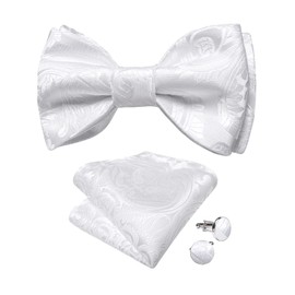DiBanGu White Bow Ties for Men Self Tied Bow Tie Set with Pocket Square Cufflinks Silk Paisley Bow Tie Wedding
