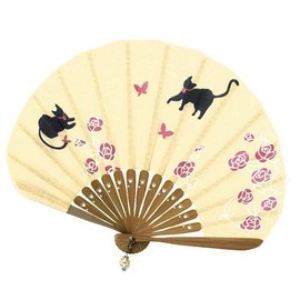 Fashionable kimono Iroha Cat and Butterfly Fan, Women’s Cloth Fan,, yellow