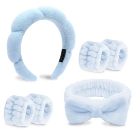 TIOSRU Blue Spa Headband and Wristband Set-Headband for Washing Face Sponge Skincare Headbands Makeup Headbands for Women Girls Cute Bow Skin Care headband Soft Bubble Face Wash Headband for Women