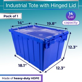 IDL Packaging 14-Gallon Industrial Plastic Tote with Hinged Lids, Blue, Pack of 1 - Heavy-Duty Large 22" L x 15" W x 12" H Container for Warehouses, Garages, and Home Storage